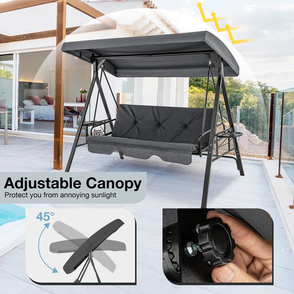 Perfect as a swing chair or a flat bed<br>60.5" wide seat accommodates up to 3 people<br>High-strength metal frame supports up to 1000 lbs<br>Large canopy offers considerate sun protection<br>Twist the knob to easily adjust the canopy angle<br>Comes with 