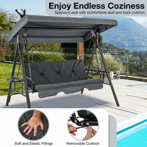 Perfect as a swing chair or a flat bed<br>60.5" wide seat accommodates up to 3 people<br>High-strength metal frame supports up to 1000 lbs<br>Large canopy offers considerate sun protection<br>Twist the knob to easily adjust the canopy angle<br>Comes with 