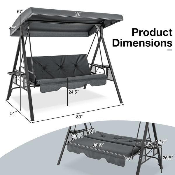 Perfect as a swing chair or a flat bed<br>60.5" wide seat accommodates up to 3 people<br>High-strength metal frame supports up to 1000 lbs<br>Large canopy offers considerate sun protection<br>Twist the knob to easily adjust the canopy angle<br>Comes with 
