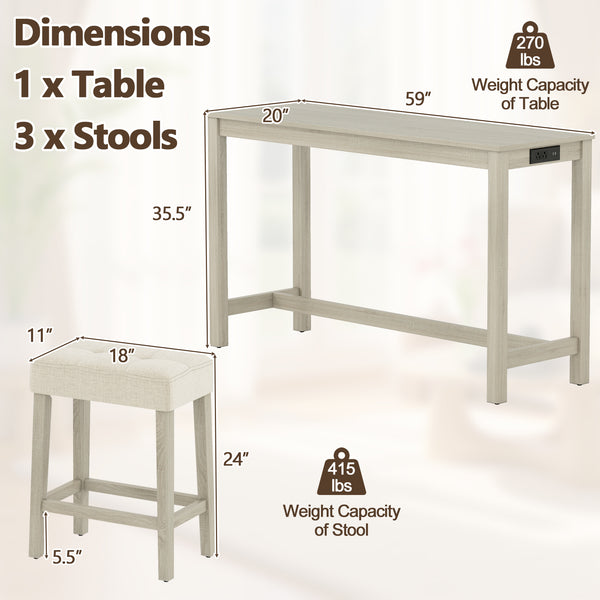 4-piece bar table set is a space-saving solution for your space<br>Stools can be stored under the table when not in use<br>Solid rubber wood legs with reinforced crossbars for a reliable construction<br>Non-slip foot pads for added stability<br>Side charg