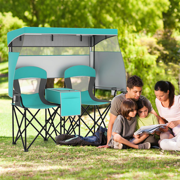 Utilize 1 back flip and 2 side shades for added sun coverage<br>3 shading curtains and the seats feature breathable mesh for ventilation<br>3 curtains feature a roll-up design  hook and loop fasteners to secure<br>Equipped with a silver-coated canopy  off