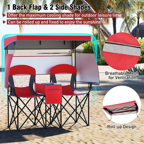 Utilize 1 back flip and 2 side shades for added sun coverage<br>3 shading curtains and the seats feature breathable mesh for ventilation<br>3 curtains feature a roll-up design  hook and loop fasteners to secure<br>Equipped with a silver-coated canopy  off