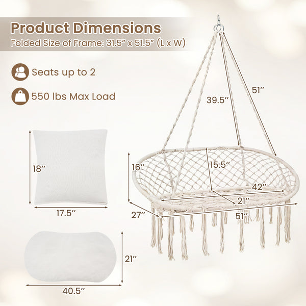 3 large  supportive cushions support your body comfortably<br>Extra-thick PP cotton filling creates a softer lounge experience<br>Sturdy metal rings pair secure connection with smooth swinging<br>Thickened cotton ropes offer a comfortable grip with less f