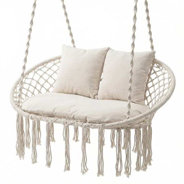 3 large  supportive cushions support your body comfortably<br>Extra-thick PP cotton filling creates a softer lounge experience<br>Sturdy metal rings pair secure connection with smooth swinging<br>Thickened cotton ropes offer a comfortable grip with less f