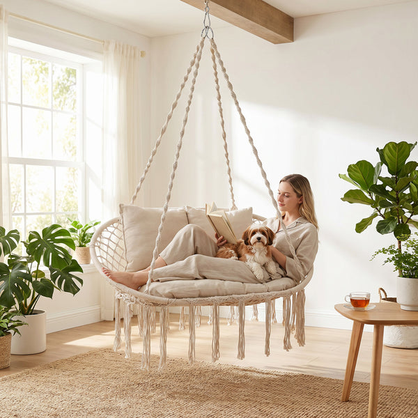 3 large  supportive cushions support your body comfortably<br>Extra-thick PP cotton filling creates a softer lounge experience<br>Sturdy metal rings pair secure connection with smooth swinging<br>Thickened cotton ropes offer a comfortable grip with less f