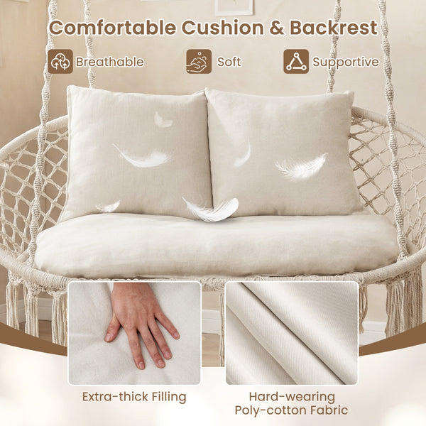 3 large  supportive cushions support your body comfortably<br>Extra-thick PP cotton filling creates a softer lounge experience<br>Sturdy metal rings pair secure connection with smooth swinging<br>Thickened cotton ropes offer a comfortable grip with less f