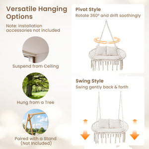 3 large  supportive cushions support your body comfortably<br>Extra-thick PP cotton filling creates a softer lounge experience<br>Sturdy metal rings pair secure connection with smooth swinging<br>Thickened cotton ropes offer a comfortable grip with less f