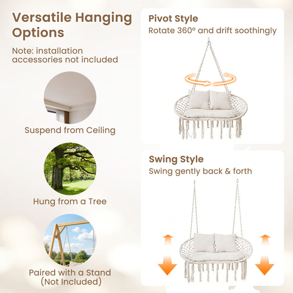 3 large  supportive cushions support your body comfortably<br>Extra-thick PP cotton filling creates a softer lounge experience<br>Sturdy metal rings pair secure connection with smooth swinging<br>Thickened cotton ropes offer a comfortable grip with less f