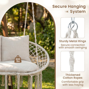 3 large  supportive cushions support your body comfortably<br>Extra-thick PP cotton filling creates a softer lounge experience<br>Sturdy metal rings pair secure connection with smooth swinging<br>Thickened cotton ropes offer a comfortable grip with less f