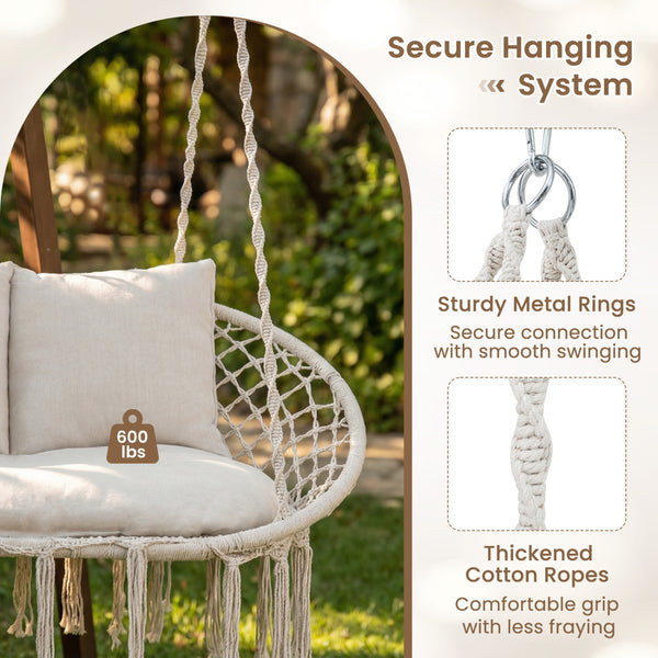 3 large  supportive cushions support your body comfortably<br>Extra-thick PP cotton filling creates a softer lounge experience<br>Sturdy metal rings pair secure connection with smooth swinging<br>Thickened cotton ropes offer a comfortable grip with less f
