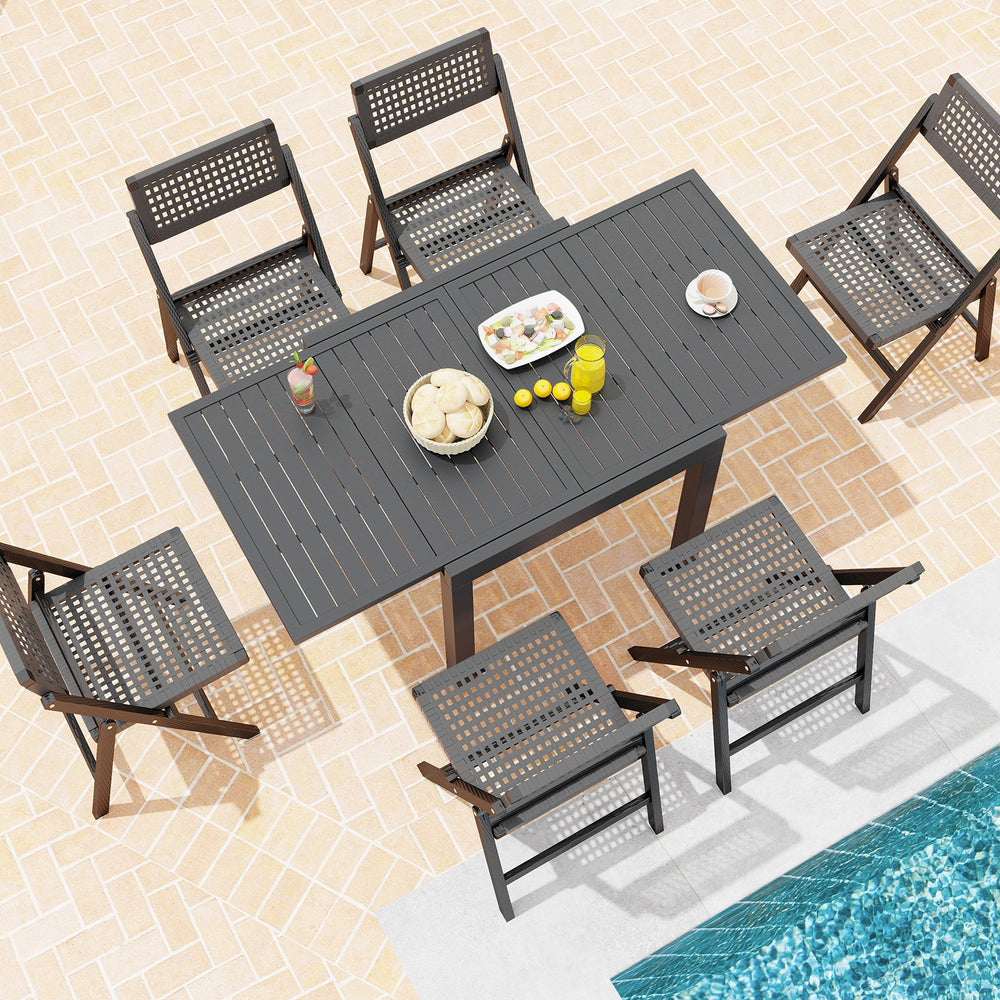 Expandable design offers you 2 length options<br>Seats up to 4-6 for various gatherings<br>Crafted from heavy-duty  rustproof and lightweight aluminum<br>2.5" thick table legs enhance stability<br>Comes with 4 L-shaped metal brace & matching screws<br>Sla