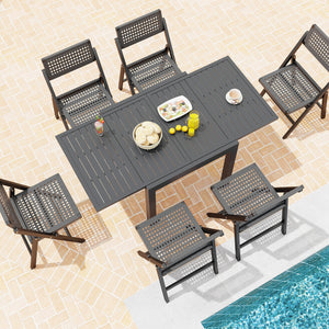 Expandable design offers you 2 length options<br>Seats up to 4-6 for various gatherings<br>Crafted from heavy-duty  rustproof and lightweight aluminum<br>2.5" thick table legs enhance stability<br>Comes with 4 L-shaped metal brace & matching screws<br>Sla