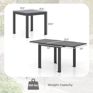 Expandable design offers you 2 length options<br>Seats up to 4-6 for various gatherings<br>Crafted from heavy-duty  rustproof and lightweight aluminum<br>2.5" thick table legs enhance stability<br>Comes with 4 L-shaped metal brace & matching screws<br>Sla