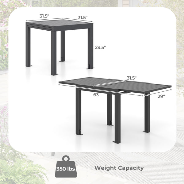 Expandable design offers you 2 length options<br>Seats up to 4-6 for various gatherings<br>Crafted from heavy-duty  rustproof and lightweight aluminum<br>2.5" thick table legs enhance stability<br>Comes with 4 L-shaped metal brace & matching screws<br>Sla