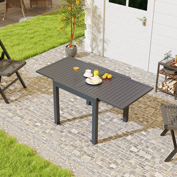 Expandable design offers you 2 length options<br>Seats up to 4-6 for various gatherings<br>Crafted from heavy-duty  rustproof and lightweight aluminum<br>2.5" thick table legs enhance stability<br>Comes with 4 L-shaped metal brace & matching screws<br>Sla
