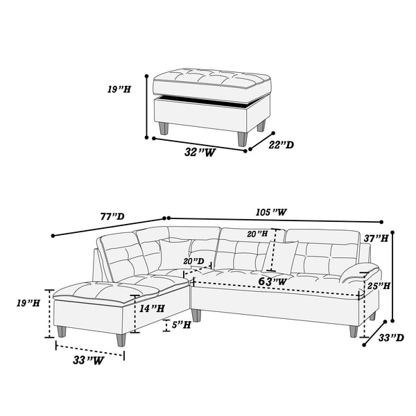Vector F6590 3-Piece Sectional Set W/ Ottoman