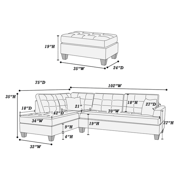 Catalyst F6858 3pc Reversible Sectional Sofa Set W/ Ottoman