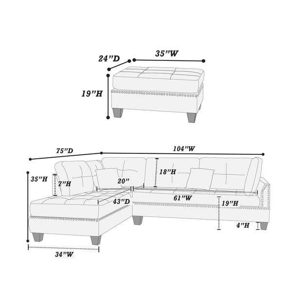 Level F6974 3pc Reversible Sectional Sofa Set W/ Ottoman