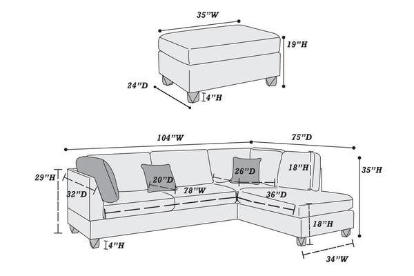 Harbor F7605 3pc Reversible Sectional Sofa Set W/ Ottoman