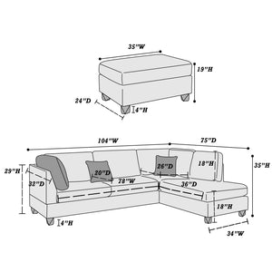 Cove F7606 3pc Reversible Sectional Sofa Set W/ Ottoman