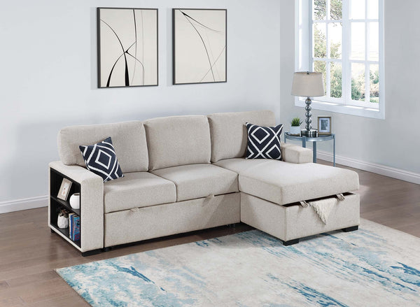 2-PC CONVERTIBLE SECTIONAL W/ 2 ACCENT PILLOWS & FOLD-DOWN TABLE