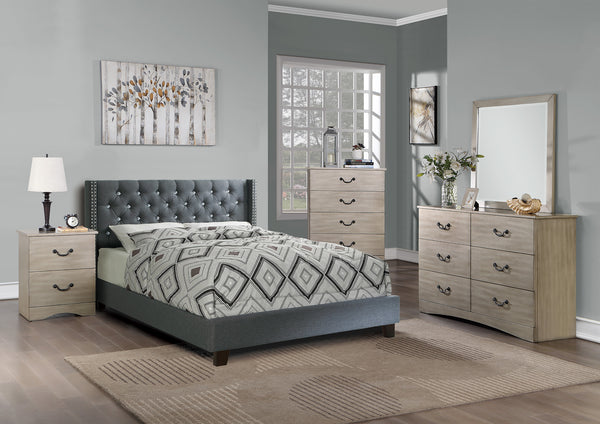 QUEEN BED/NAILHEAD TRIM/FABRIC-BLUE GREY