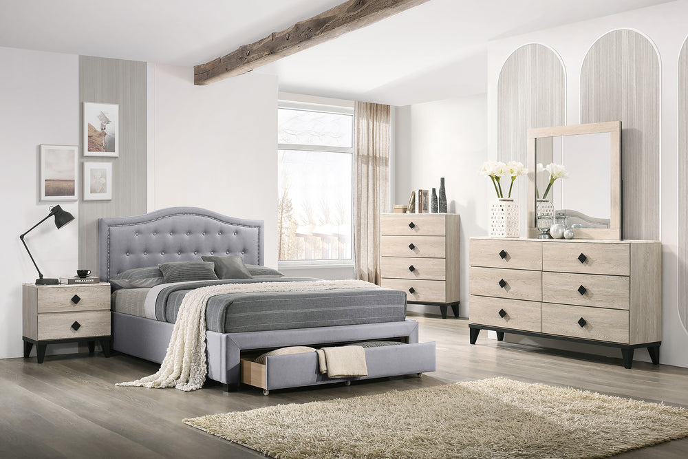 QUEEN BED W/DRAWER-LIGHT GREY BURLAP