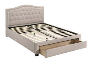 QUEEN BED W/DRAWER-LIGHT BROWN BURLAP
