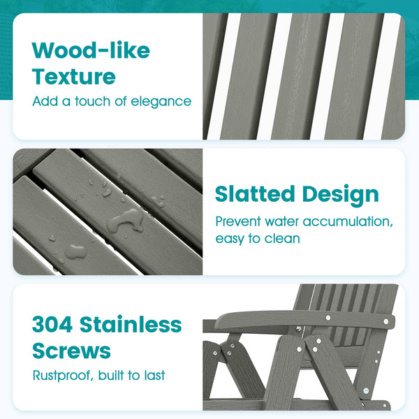 Effortless to fold into a compact size  easy to move around  save storage space<br>Crafted of weatherproof HDPE  waterproof  fade-resistant  crack-resistant<br>Equipped with 304 stainless steel screws  rustproof  built to last<br>The curved back  wide sea