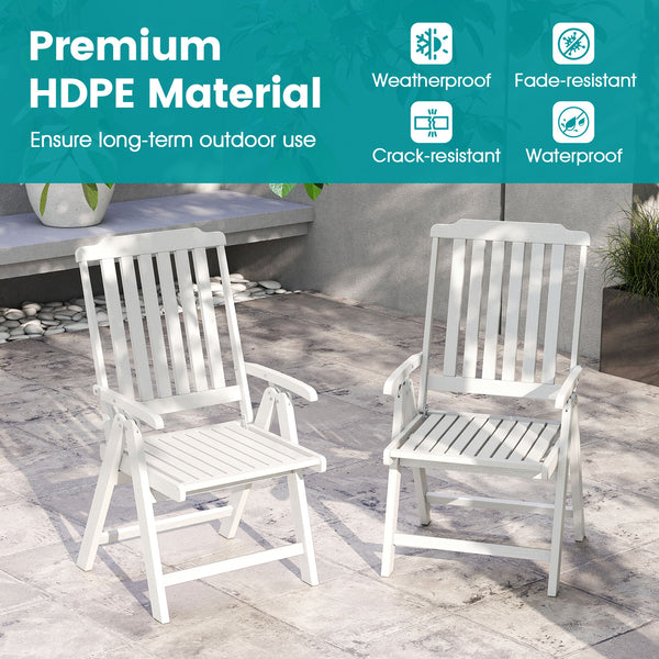 Effortless to fold into a compact size  easy to move around  save storage space<br>Crafted of weatherproof HDPE  waterproof  fade-resistant  crack-resistant<br>Equipped with 304 stainless steel screws  rustproof  built to last<br>The curved back  wide sea