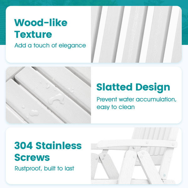 Effortless to fold into a compact size  easy to move around  save storage space<br>Crafted of weatherproof HDPE  waterproof  fade-resistant  crack-resistant<br>Equipped with 304 stainless steel screws  rustproof  built to last<br>The curved back  wide sea
