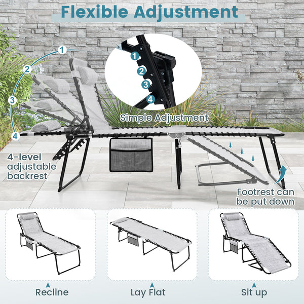The backrest can be adjusted in 4 positions and the footrest in 2 positions<br>Multiple lounge modes: Sit-up Mode  Recline Mode  Flat-down Mode<br>Comes with a removable headrest to relax your head and neck<br>Made of premium fabric  breathable  skin-frie
