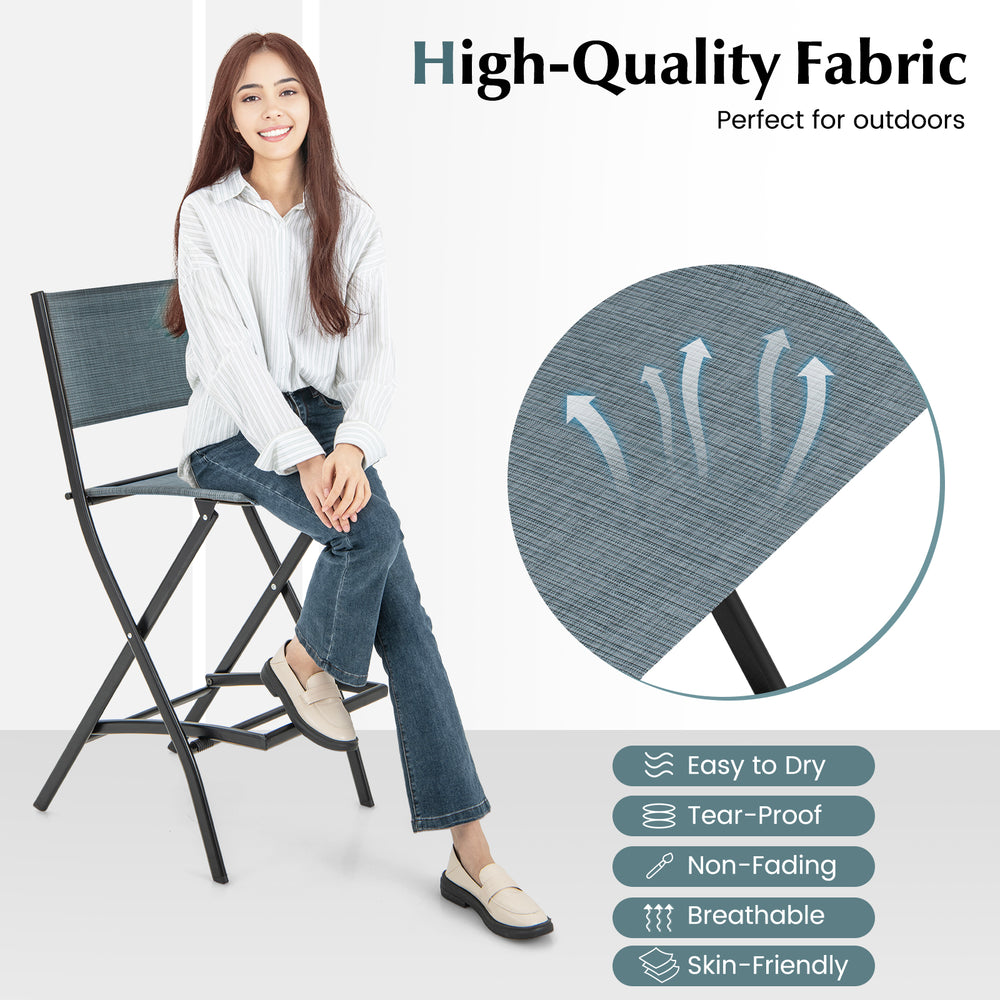 High-quality fabric is comfortable and durable for use<br>Sturdy metal frame provides bar stool with strong support<br>Practical footrest holds legs and feet to relieve pressure<br>Folding design for easy carry and space-saving storage <br>Reinforced back