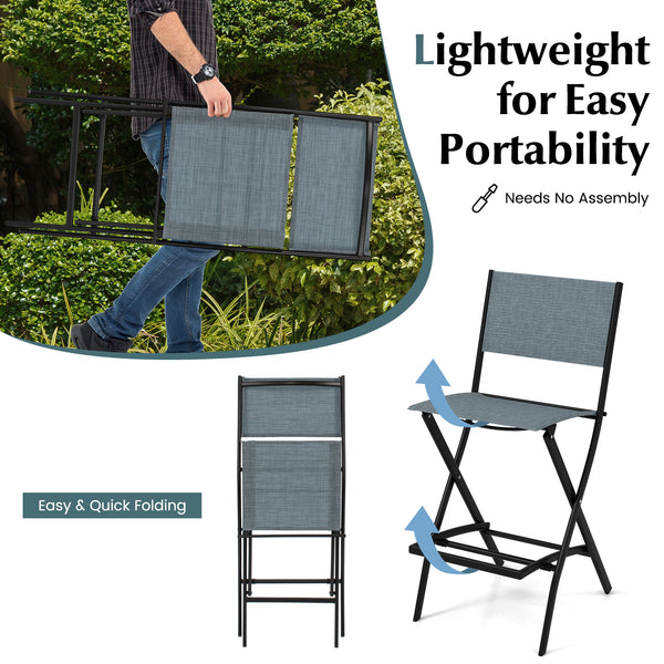 High-quality fabric is comfortable and durable for use<br>Sturdy metal frame provides bar stool with strong support<br>Practical footrest holds legs and feet to relieve pressure<br>Folding design for easy carry and space-saving storage <br>Reinforced back