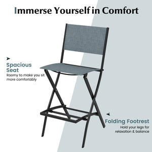 High-quality fabric is comfortable and durable for use<br>Sturdy metal frame provides bar stool with strong support<br>Practical footrest holds legs and feet to relieve pressure<br>Folding design for easy carry and space-saving storage <br>Reinforced back
