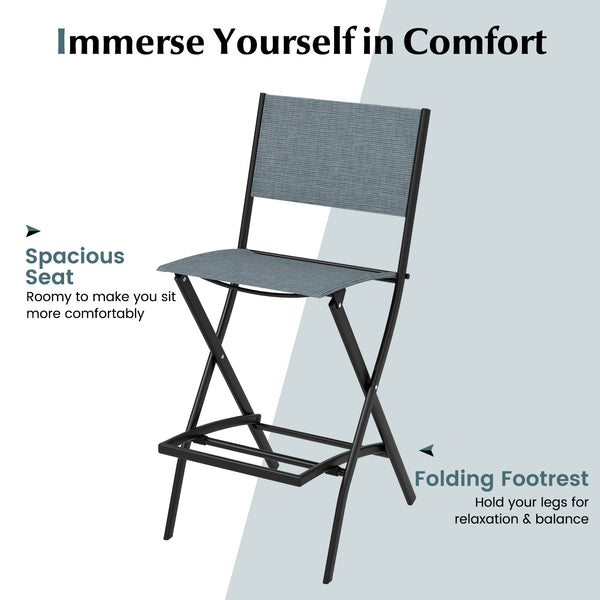 High-quality fabric is comfortable and durable for use<br>Sturdy metal frame provides bar stool with strong support<br>Practical footrest holds legs and feet to relieve pressure<br>Folding design for easy carry and space-saving storage <br>Reinforced back