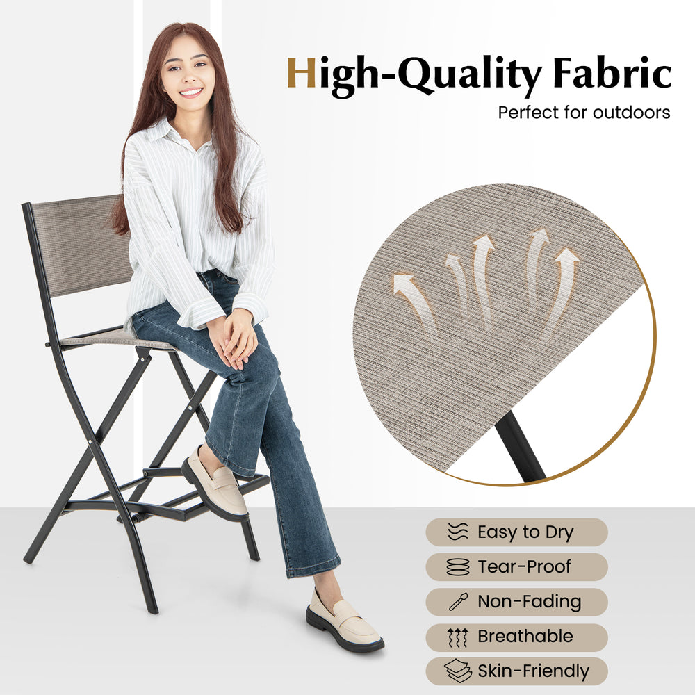 High-quality fabric is comfortable and durable for use<br>Sturdy metal frame provides bar stool with strong support<br>Practical footrest holds legs and feet to relieve pressure<br>Folding design for easy carry and space-saving storage <br>Reinforced back