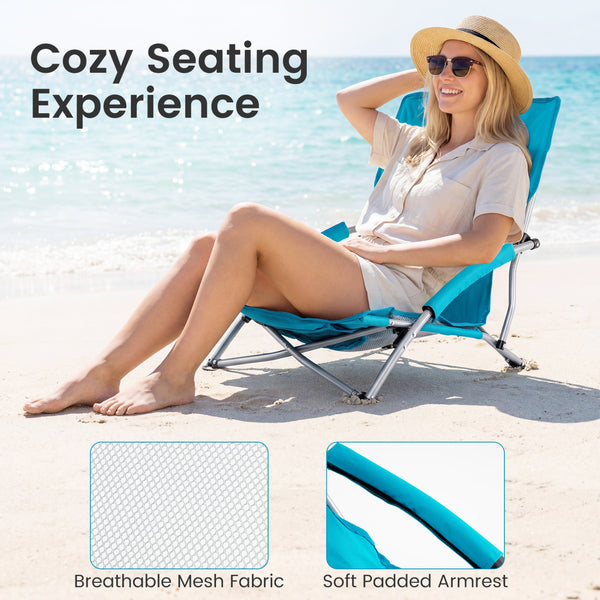 Â Easy to move with each chair weighing 5.5 lbs<br>Â Equipped with carry bags for convenience<br>Â High backs with mesh fabric provide cooling seating<br>Â Padded armrests for enhanced comfort and relaxation<br>Â Built-in cup holders keep drinks within ea