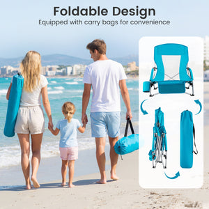 Â Easy to move with each chair weighing 5.5 lbs<br>Â Equipped with carry bags for convenience<br>Â High backs with mesh fabric provide cooling seating<br>Â Padded armrests for enhanced comfort and relaxation<br>Â Built-in cup holders keep drinks within ea