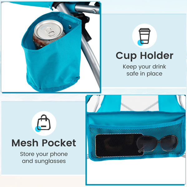 Â Easy to move with each chair weighing 5.5 lbs<br>Â Equipped with carry bags for convenience<br>Â High backs with mesh fabric provide cooling seating<br>Â Padded armrests for enhanced comfort and relaxation<br>Â Built-in cup holders keep drinks within ea