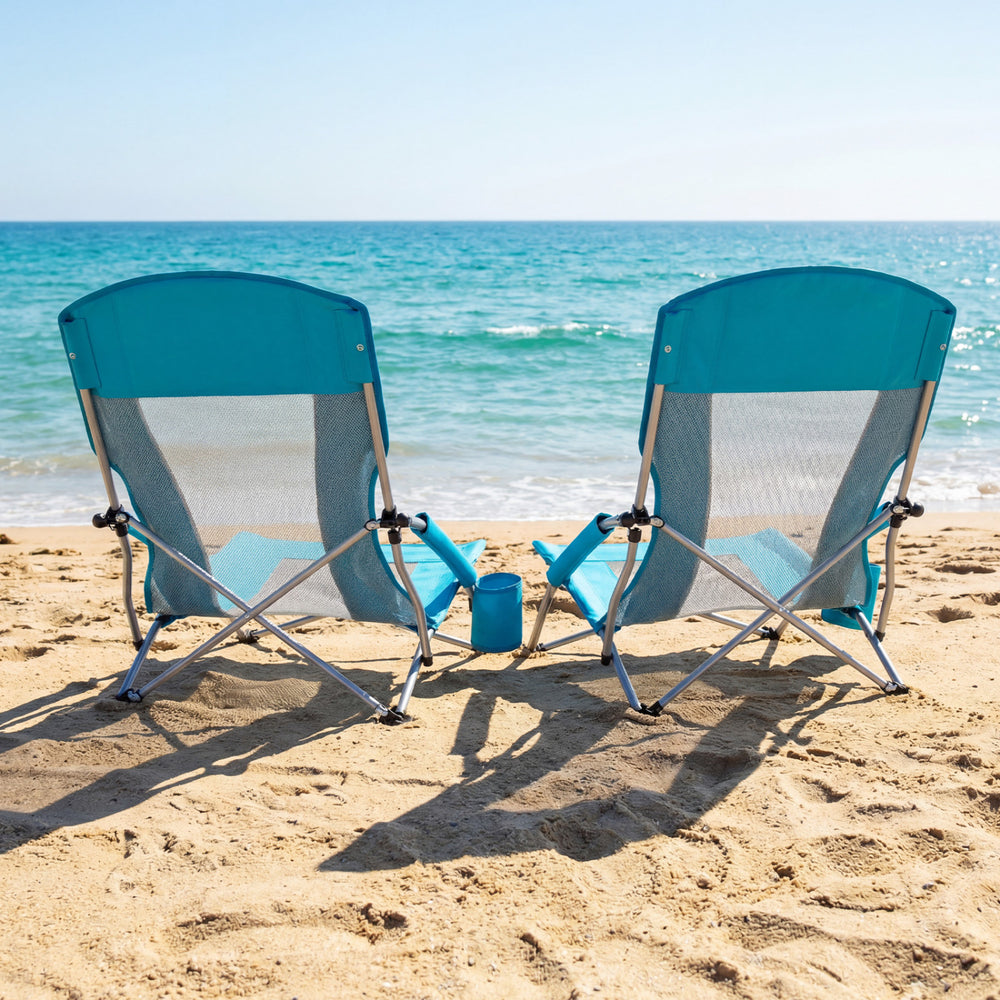 Â Easy to move with each chair weighing 5.5 lbs<br>Â Equipped with carry bags for convenience<br>Â High backs with mesh fabric provide cooling seating<br>Â Padded armrests for enhanced comfort and relaxation<br>Â Built-in cup holders keep drinks within ea