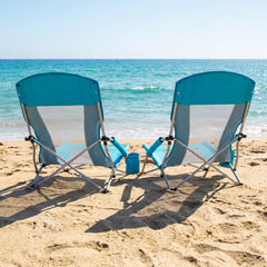 Â Easy to move with each chair weighing 5.5 lbs<br>Â Equipped with carry bags for convenience<br>Â High backs with mesh fabric provide cooling seating<br>Â Padded armrests for enhanced comfort and relaxation<br>Â Built-in cup holders keep drinks within ea