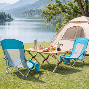 Â Easy to move with each chair weighing 5.5 lbs<br>Â Equipped with carry bags for convenience<br>Â High backs with mesh fabric provide cooling seating<br>Â Padded armrests for enhanced comfort and relaxation<br>Â Built-in cup holders keep drinks within ea