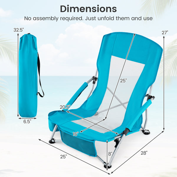 Â Easy to move with each chair weighing 5.5 lbs<br>Â Equipped with carry bags for convenience<br>Â High backs with mesh fabric provide cooling seating<br>Â Padded armrests for enhanced comfort and relaxation<br>Â Built-in cup holders keep drinks within ea