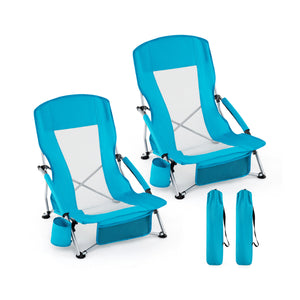 Â Easy to move with each chair weighing 5.5 lbs<br>Â Equipped with carry bags for convenience<br>Â High backs with mesh fabric provide cooling seating<br>Â Padded armrests for enhanced comfort and relaxation<br>Â Built-in cup holders keep drinks within ea