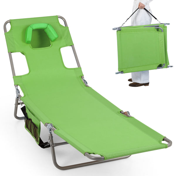 5 backrest positions (0Â°  12Â°  30Â°  50Â°  70Â°) for tanning  napping  or reading<br>Face-down tanning with face hole and 2 arm holes for hands-free relaxing<br>Folds compact with shoulder strap for easy carrying to beach or pool<br>Sturdy metal frame w