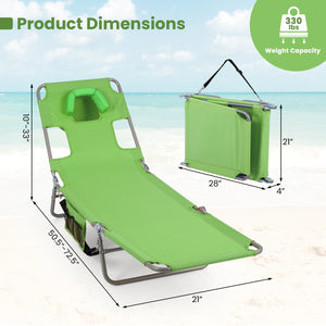 5 backrest positions (0Â°  12Â°  30Â°  50Â°  70Â°) for tanning  napping  or reading<br>Face-down tanning with face hole and 2 arm holes for hands-free relaxing<br>Folds compact with shoulder strap for easy carrying to beach or pool<br>Sturdy metal frame w