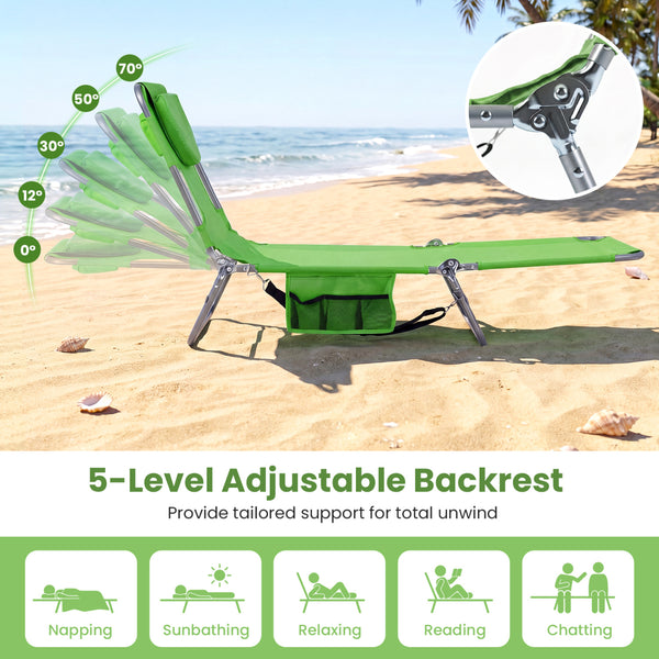 5 backrest positions (0Â°  12Â°  30Â°  50Â°  70Â°) for tanning  napping  or reading<br>Face-down tanning with face hole and 2 arm holes for hands-free relaxing<br>Folds compact with shoulder strap for easy carrying to beach or pool<br>Sturdy metal frame w