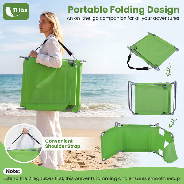 5 backrest positions (0Â°  12Â°  30Â°  50Â°  70Â°) for tanning  napping  or reading<br>Face-down tanning with face hole and 2 arm holes for hands-free relaxing<br>Folds compact with shoulder strap for easy carrying to beach or pool<br>Sturdy metal frame w