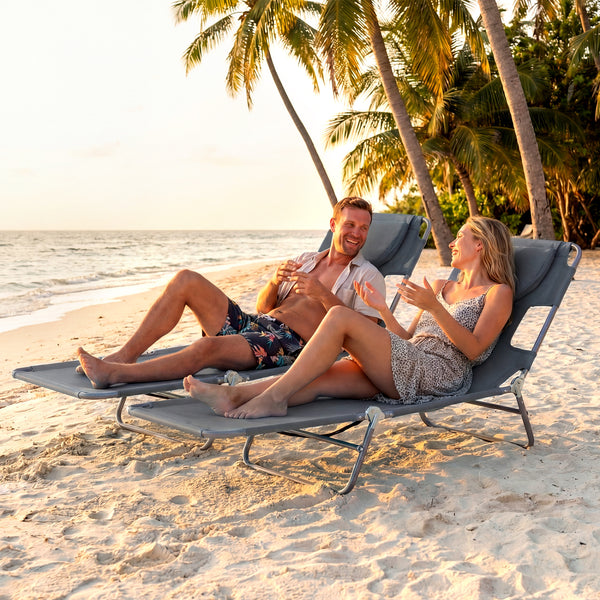 5 backrest positions (0Â°  12Â°  30Â°  50Â°  70Â°) for tanning  napping  or reading<br>Face-down tanning with face hole and 2 arm holes for hands-free relaxing<br>Folds compact with shoulder strap for easy carrying to beach or pool<br>Sturdy metal frame w